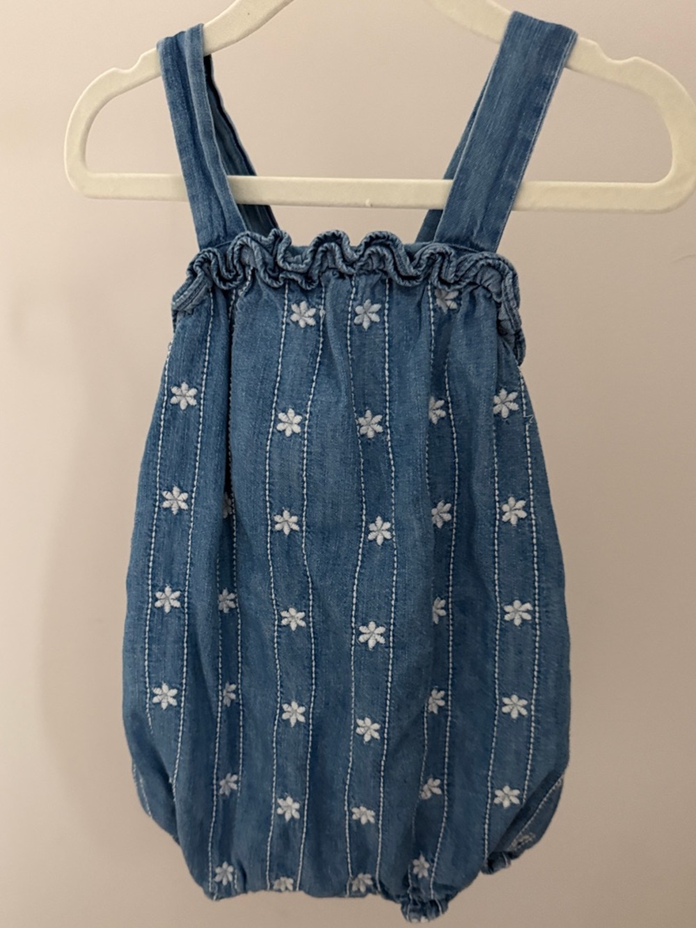 Janie and Jack Blue Denim Floral Embroidered Bubble Romper